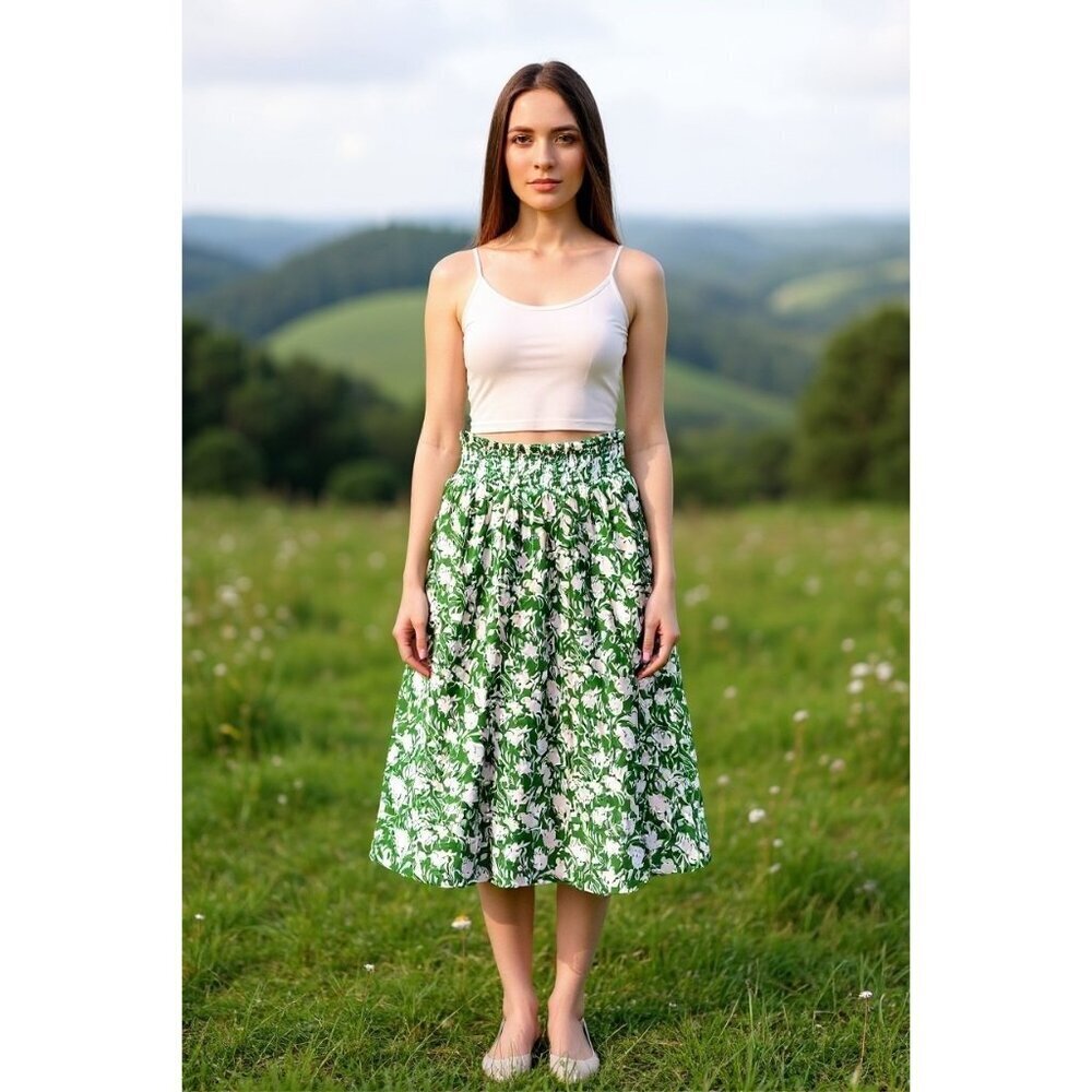 Porridge Green & Ivory Floral Smocked Midi Skirt Size Small